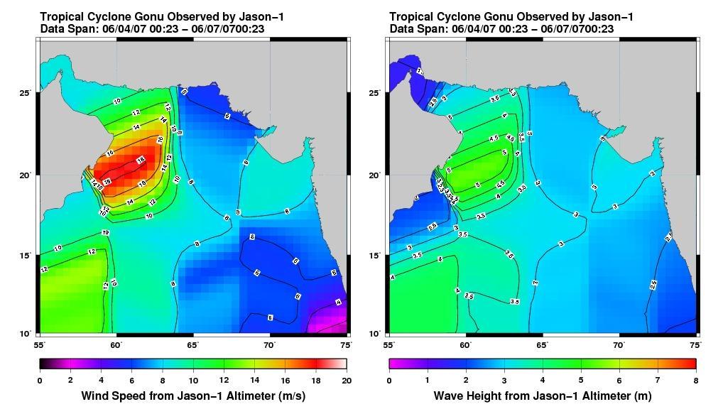 This pair of images from the radar altimeter instrument on NASA U.S./France Jason mission reveals information on wind speeds and wave heights of Tropical Cyclone Gonu, which reached Category 5 strength in the Arabian Sea prior to landfall in early June.