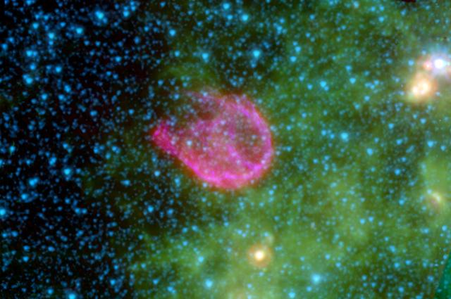 Supernovae are the explosive deaths of the universe most massive stars. This false-color composite from NASA Spitzer Space Telescope and NASA Chandra X-ray Observatory shows the remnant of N132D, the wispy pink shell of gas at center.