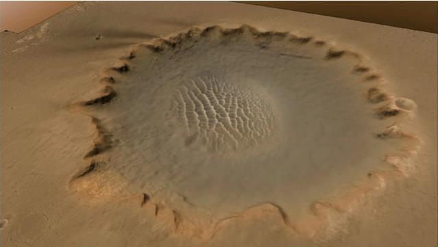 This animation shows a hypothetical flyover above Victoria Crater, where NASA Mars Exploration Rover Opportunity is perched on a rim. The rover is expected to begin rolling down into the crater in early July 2007.