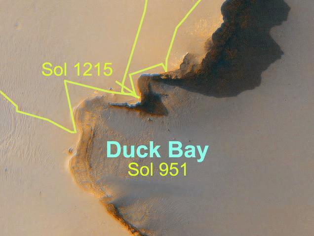 This image maps out the travels of NASA Mars Exploration Rover Opportunity, from is landing site at Eagle Crater to the rim of Victoria Crater about six miles 9.7 kilometers away in September of 2006.