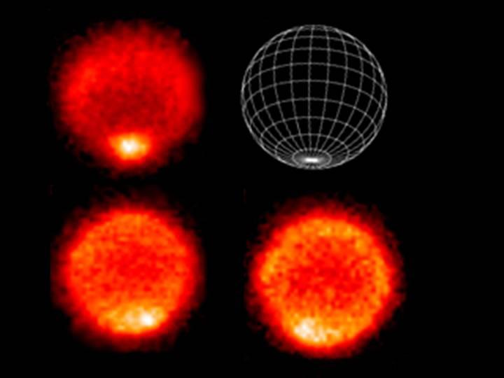 These thermal images show a hot south pole on the planet Neptune. These warmer temperatures provide an avenue for methane to escape out of the deep atmosphere. The images were obtained with the Very Large Telescope in Chile Sept. 1 and 2, 2006.