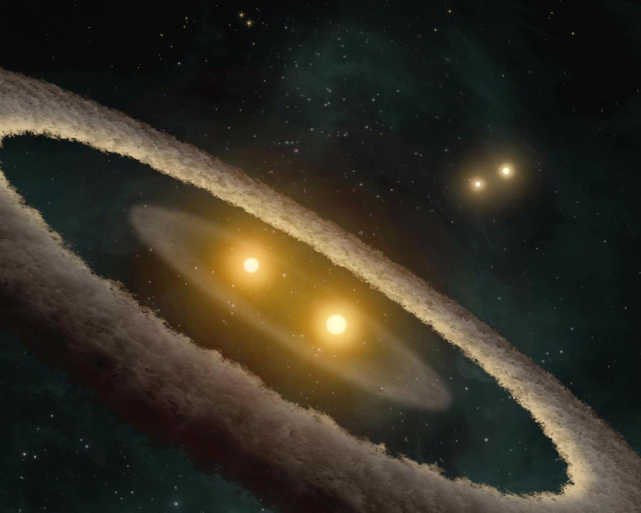 This artist concept based on data from NASA Spitzer Space Telescope, depicts a quadruple-star system called HD 98800. The system is approximately 10 million years old, and is located 150 light-years away in the constellation TW Hydrae. 