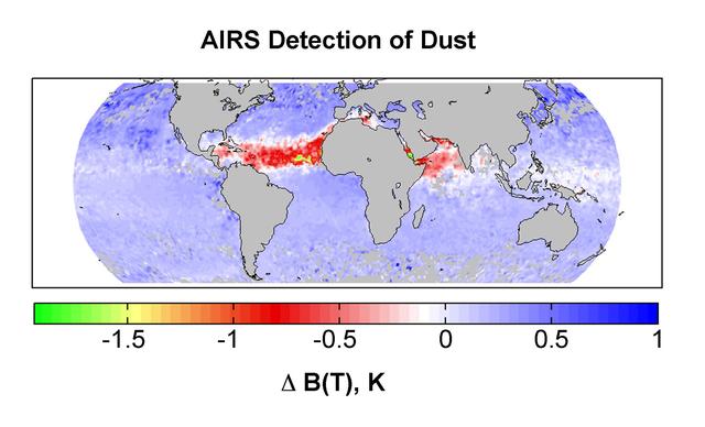 Detection of dust: global map for July 2003 from the Atmospheric Infrared Sounder AIRS on NASA Aqua satellite.