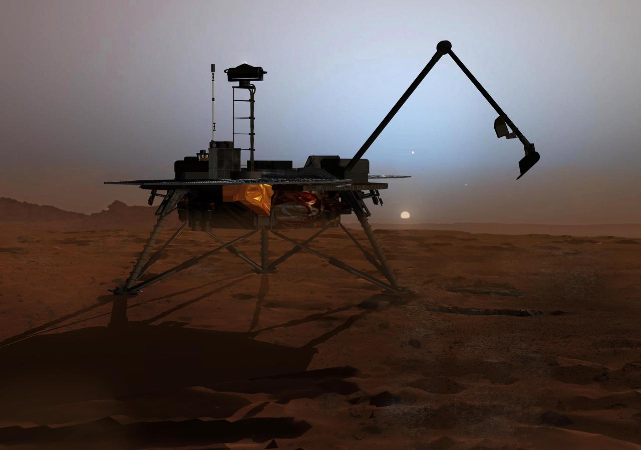 In this artist concept illustration, NASA Phoenix Mars Lander begins to shut down operations as winter sets in. The far-northern latitudes on Mars experience no sunlight during winter.
