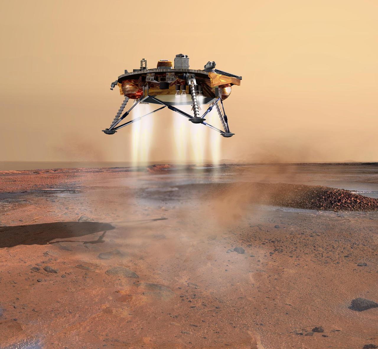 This artist concept depicts NASA Phoenix Mars Lander a moment before its 2008 touchdown on the arctic plains of Mars. Pulsed rocket engines control the spacecraft speed during the final seconds of descent. 