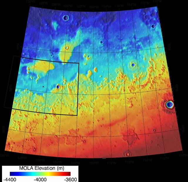 This area was designated Region D in the process of evaluating potential landing sites for NASA Phoenix Mars Lander. The topographical information is from the Mars Orbiter Laser Altimeter on NASA Mars Global Surveyor orbiter.