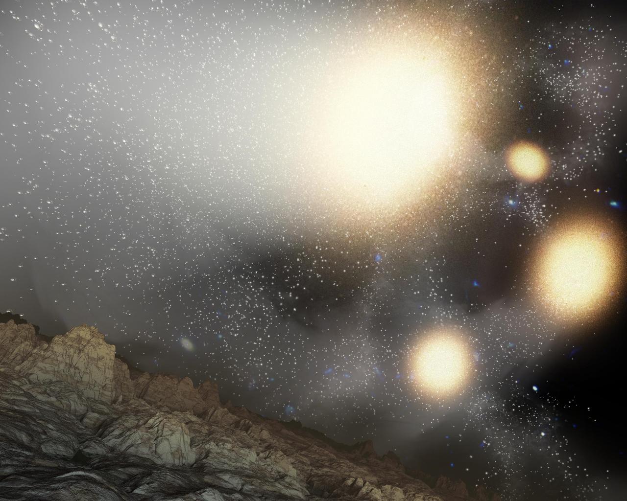 This artist concept shows what the night sky might look like from a hypothetical planet around a star tossed out of an ongoing four-way collision between big galaxies.
