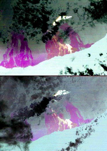 On July 21, 2007, the world most active volcano, Kilauea on Hawaii Big Island, produced a fissure eruption from the Puu Oo vent, which fed an open lava channel and lava flows toward the east. This image is from NASA Terra satellite.