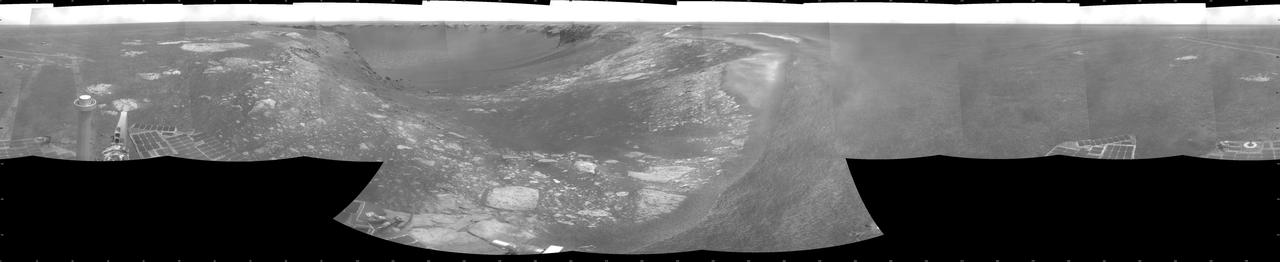 NASA Mars Exploration Rover Opportunity used its navigation camera during the rover 1,278th Martian day, or sol, Aug. 28, 2007 to take the images combined into this view. The rover was perched at the lip of Victoria Crater.