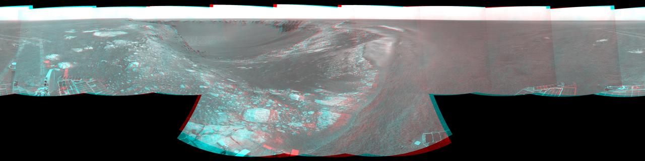 NASA Mars Exploration Rover Opportunity took the images combined to make this stereo view on Aug. 28, 2007. The rover was perched at the lip of Victoria Crater. 3D glasses are necessary to view this image.