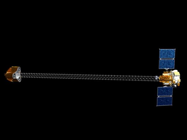 Artist concept of NASA Nuclear Spectroscopic Telescope Array, managed by JPL. It will expand our understanding of the origins and destinies of stars and galaxies.
