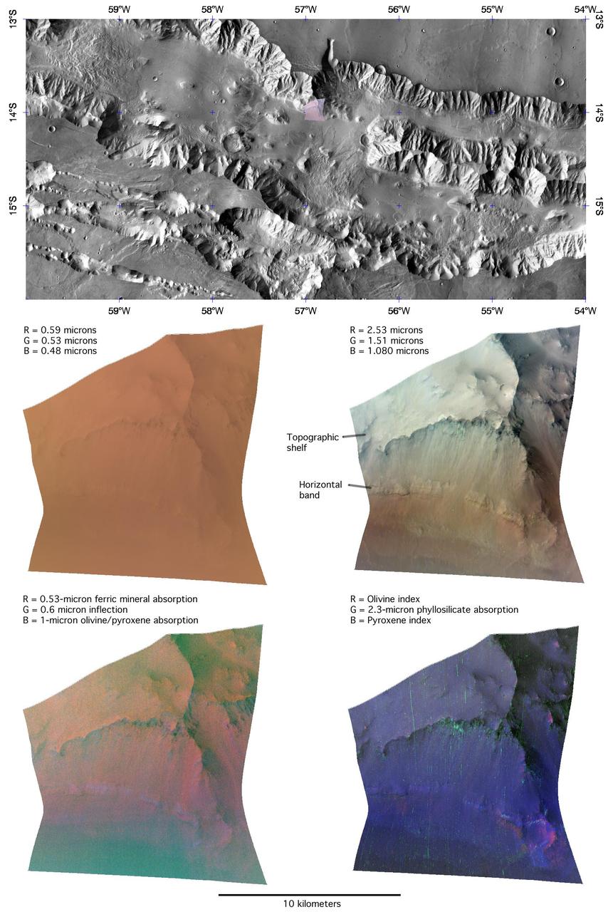 This image of the northern wall of Coprates Chasma, in Valles Marineris, was taken by the Compact Reconnaissance Imaging Spectrometer for Mars CRISM on June 16, 2007.