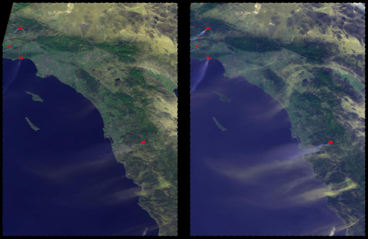 NASA Terra spacecraft showed hot, dry Santa Ana winds blowing through the Los Angeles and San Diego areas on Sunday October 21, 2007. 