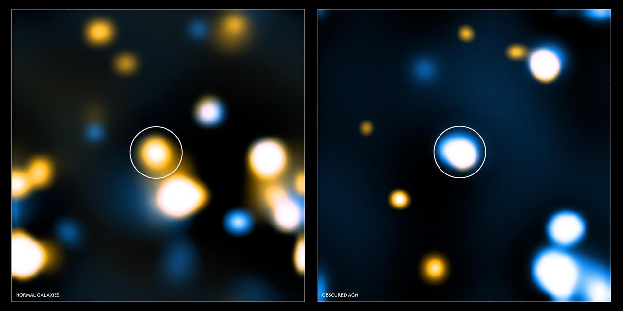 These two images show tacked Chandra images for two different classes of distant, massive galaxy detected with NASA Spitzer. Image stacking is a procedure used to detect emission from objects that is too faint to be detected in single images.