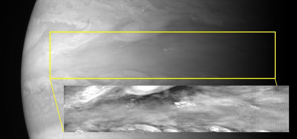 With its Multispectral Visible Imaging Camera MVIC, half of the Ralph instrument, New Horizons captured several pictures of mesoscale gravity waves in Jupiter equatorial atmosphere.