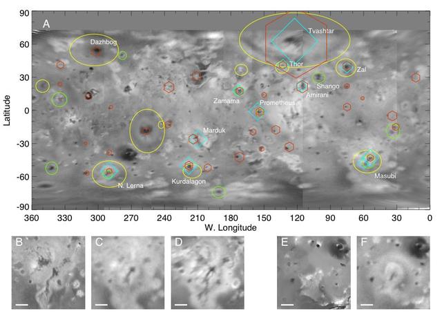A global map of Jupiter moon Io derived from eight images taken by the Long Range Reconnaissance Imager LORRI on the New Horizons spacecraft, as it passed Jupiter on its way to Pluto in late February 2007.