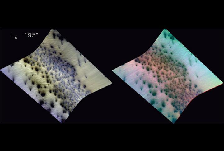 NASA CRISM onboard the Mars Reconnaissance Orbiter shows Mars seasonal caps consist of frozen carbon dioxide mixed with smaller amounts of water ice frost and dust. 