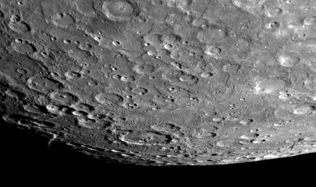 On January 14, 2008, NASA MESSENGER spacecraft passed 200 kilometers 124 miles above the surface of Mercury and snapped the first pictures of a side of Mercury not previously seen, with a view looking toward Mercury south pole.