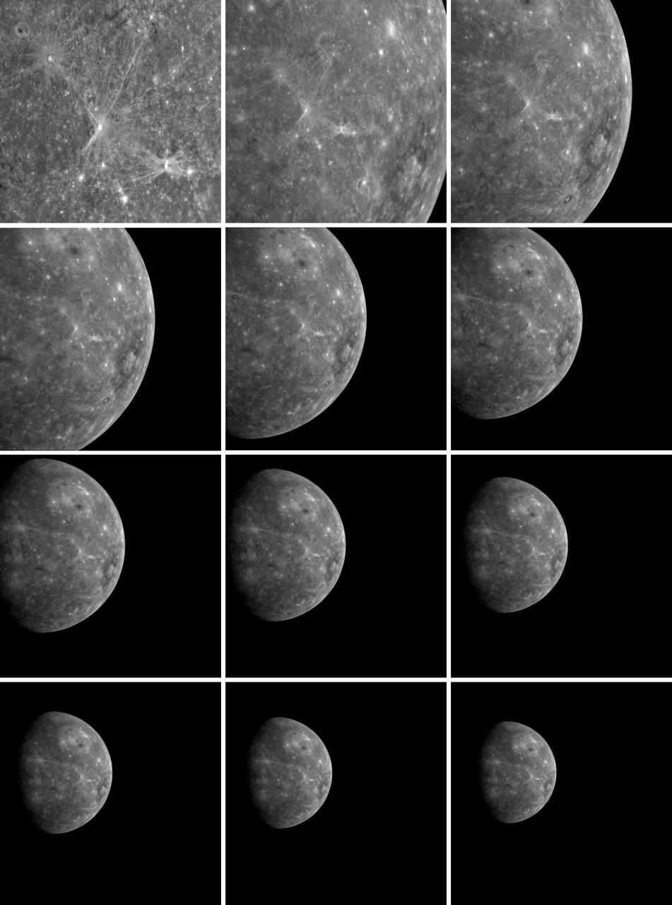 After NASA MESSENGER spacecraft completed its successful flyby of Mercury, the Narrow Angle Camera NAC, part of the Mercury Dual Imaging System MDIS, took these images of the receding planet.