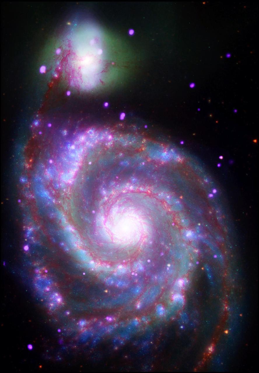A composite image of M51, also known as the Whirlpool Galaxy, shows the majesty of its structure in a dramatic new way through several of NASA orbiting observatories
