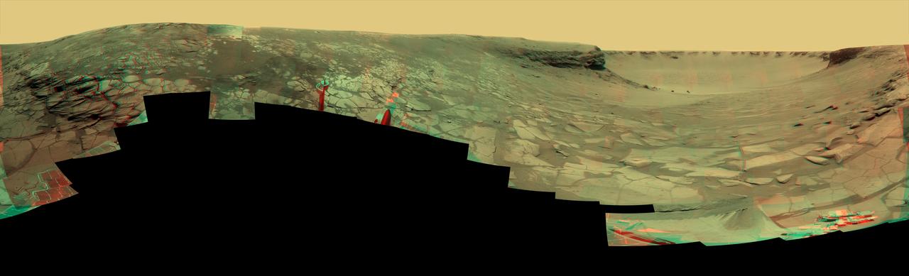 NASA Mars Exploration Rover Opportunity examined rocks inside an alcove called Duck Bay in the western portion of Victoria Crater. 3D glasses are necessary to view this image.