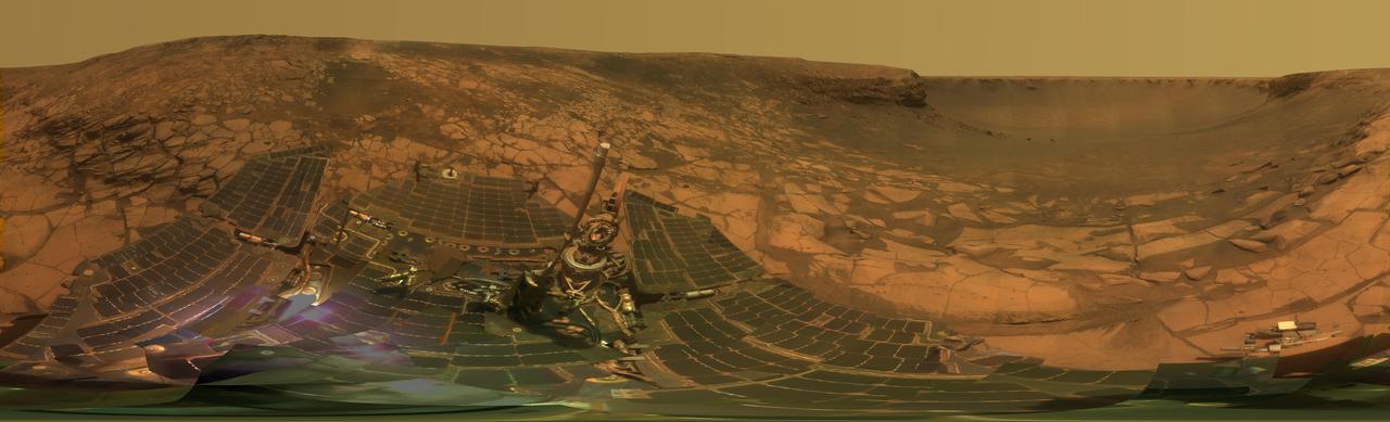 During four months prior to the fourth anniversary of its landing on Mars, NASA Mars Exploration Rover Opportunity examined rocks inside an alcove called Duck Bay in the western portion of Victoria Crater.
