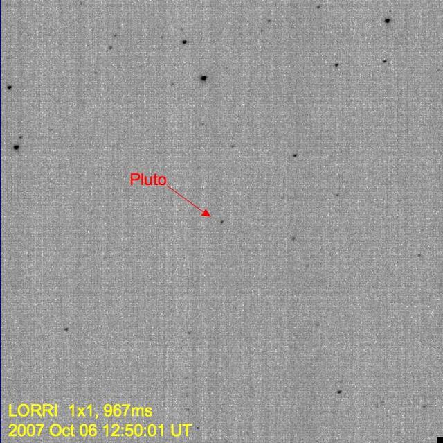 This image demonstrates the first detection of Pluto using the high-resolution mode on the NASA New Horizons Long-Range Reconnaissance Imager. The mode provides a clear separation between Pluto and numerous nearby background stars.