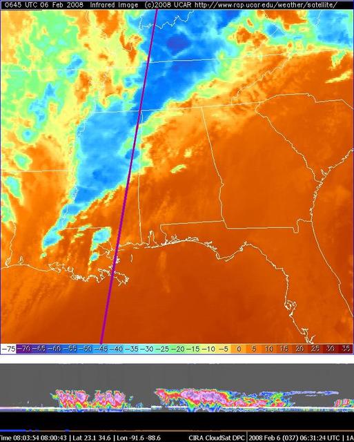 NASA CloudSat made a nighttime overpass approximately 0630 UTC of the thunderstorms responsible for the tornadic outbreak over Kentucky, Tennessee, and Mississippi on Tuesday, February 5, 2008.