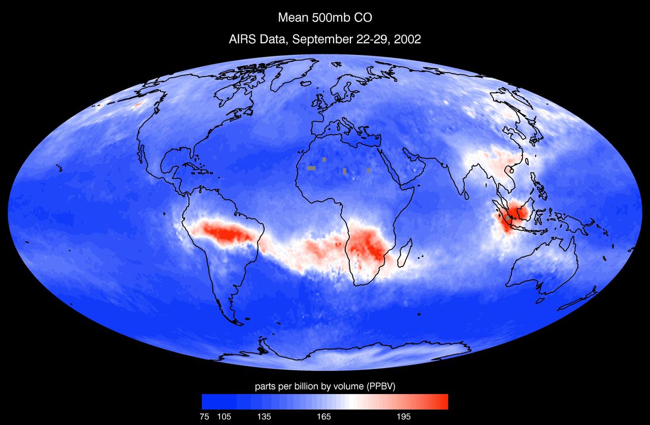 AIRS mean carbon monoxide at 500 millibar, September 22-29, 2002 AIRS Mean Carbon Monoxide at 500 Millibar, September 22-29, 2002.