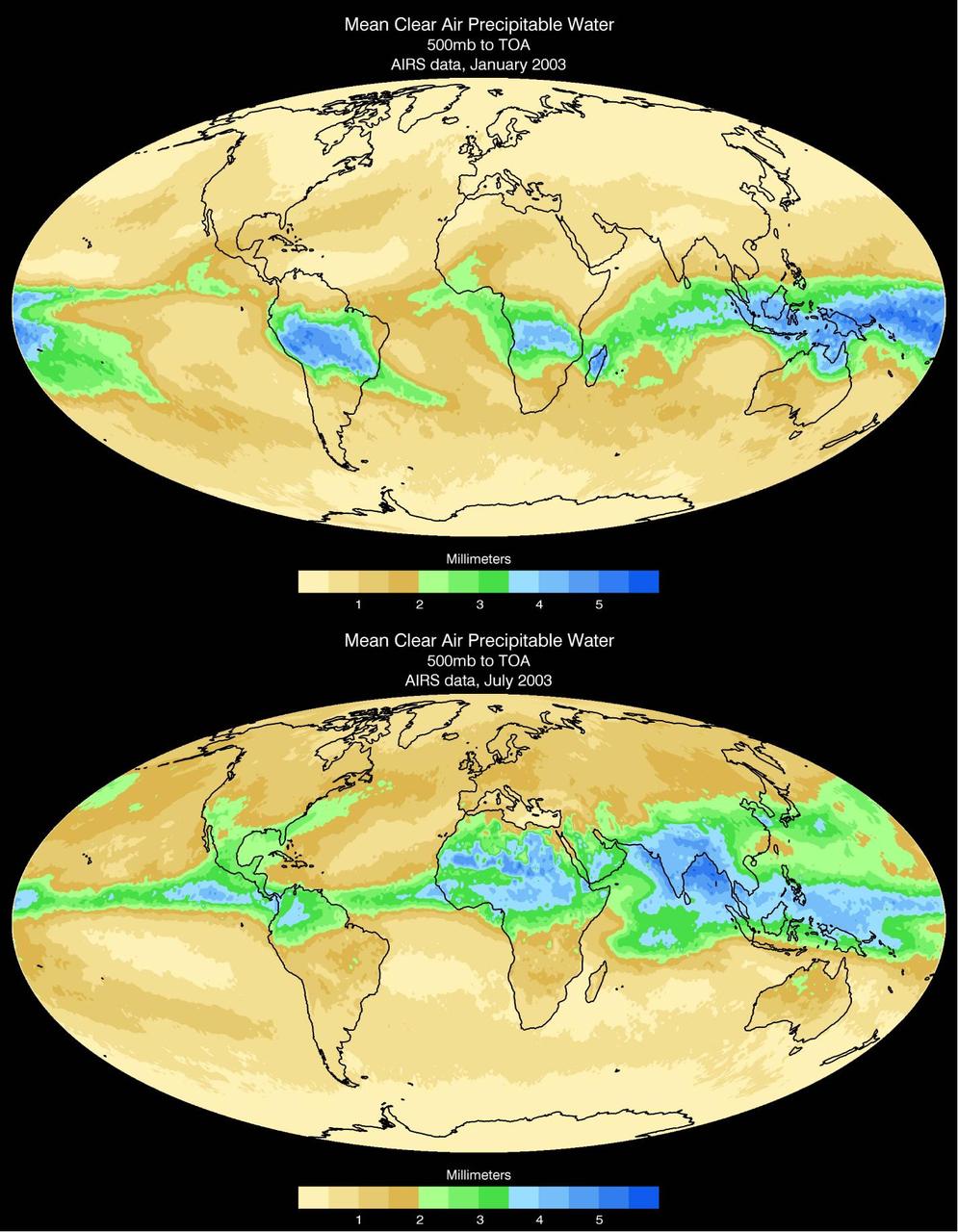 Water vapor is the dominant greenhouse gas in our atmosphere. Mean clear air precipitable water, 500mb to top of atmosphere from the Atmospheric Infrared Sounder AIRS on NASA Aqua satellite.
