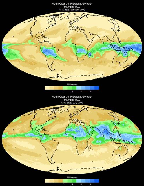 NASA image: Mean Clear Air Precipitable Water, 500mb to TOA from AIRS data