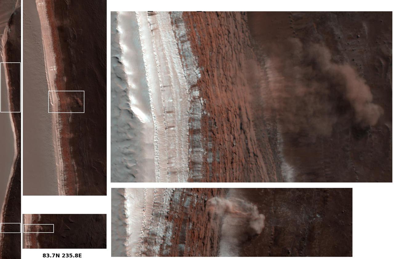 Amazingly, this image has captured at least four Martian avalanches, or debris falls, in action. It was taken on February 19, 2008, by the High Resolution Imaging Science Experiment HiRISE camera on NASA Mars Reconnaissance Orbiter.