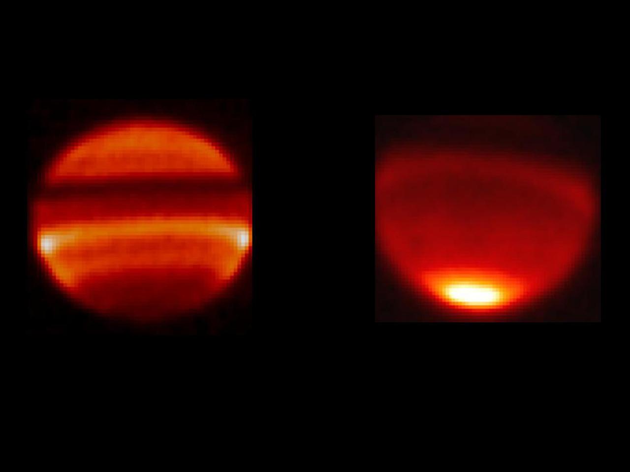 These two images, taken with NASA Infrared Telescope Facility in Mauna Kea, Hawaii, capture two different phases of this wave oscillation at Saturn equator.