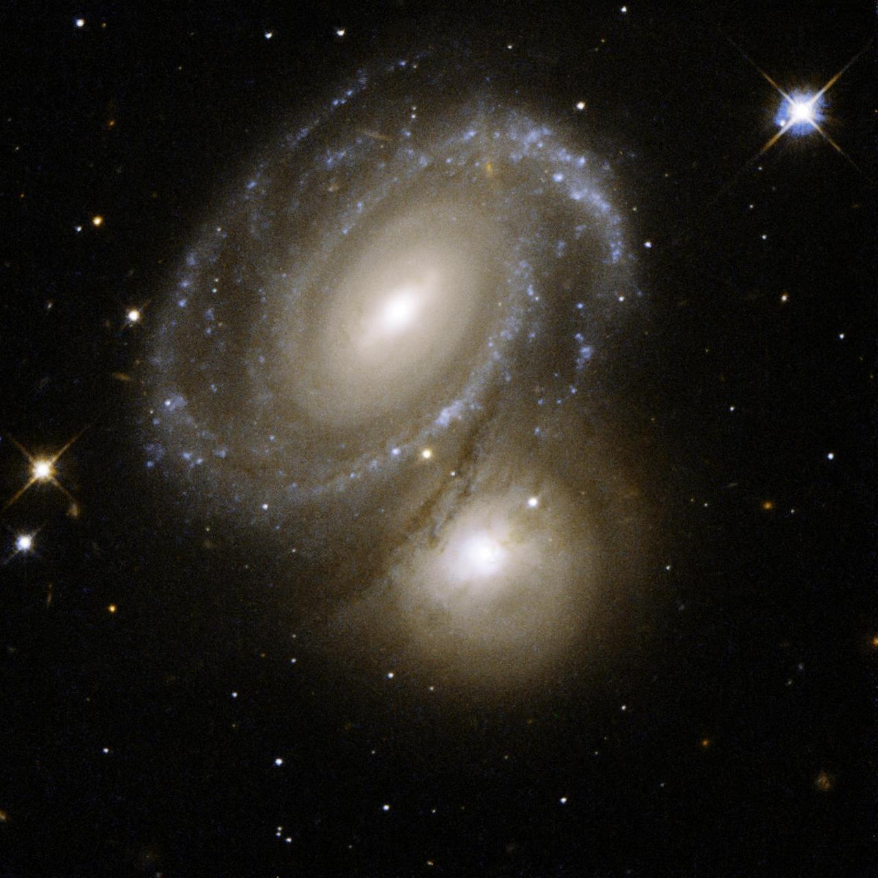 AM 0500-620 consists of a highly symmetric spiral galaxy seen nearly face-on and partially backlit by a background galaxy. This image is part of a large collection of images of merging galaxies taken by NASA Hubble Space Telescope.