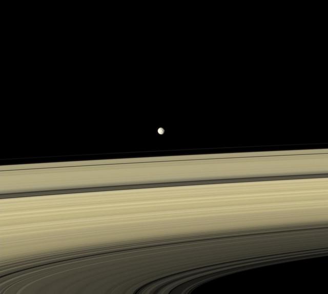 Gray Mimas appears to hover above the colorful rings. The large crater seen on the right side of the moon is named for William Herschel, who discovered Mimas in 1789.