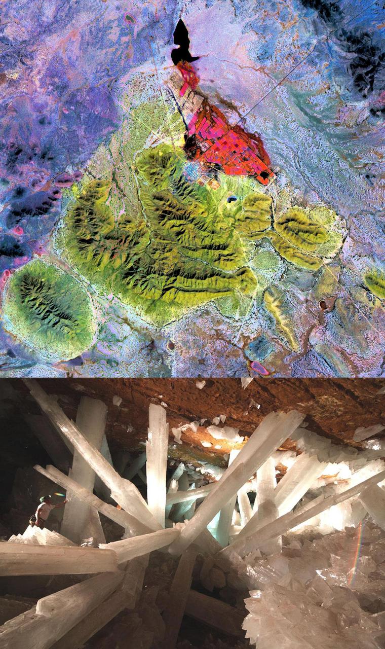 The Naica mine in Chihuahua, Mexico, with its enormous gypsum crystals, may well be called the "Queen of the Giant Crystals localities." Though the Naica mine is no show mine, but still a working lead-zinc mine hosted in layered limestones, the first of several crystal caves was discovered in 1910. This "Cave of the Swords" contained extraordinary large sword-like selenite (gypsum) crystals up to 2 m long. In 2000 another crystal cave system was discovered at 300 m depth, even more spectacular than the original cave. Inside were free growing gypsum crystals up to 12 m long and 2 m in diameter. The ASTER image uses SWIR bands 4, 6, and 8 in RGB. Limestone is displayed in yellow-green colors, vegetation is red.  The image was acquired February 16, 2004, covers an area of 26 x 23.5 km, and is located near 27.8 degrees north latitude, 105.5 degrees west longitude. The photo of crystals was taken from: http://www.thatcrystalsite.com/.  http://photojournal.jpl.nasa.gov/catalog/PIA10615