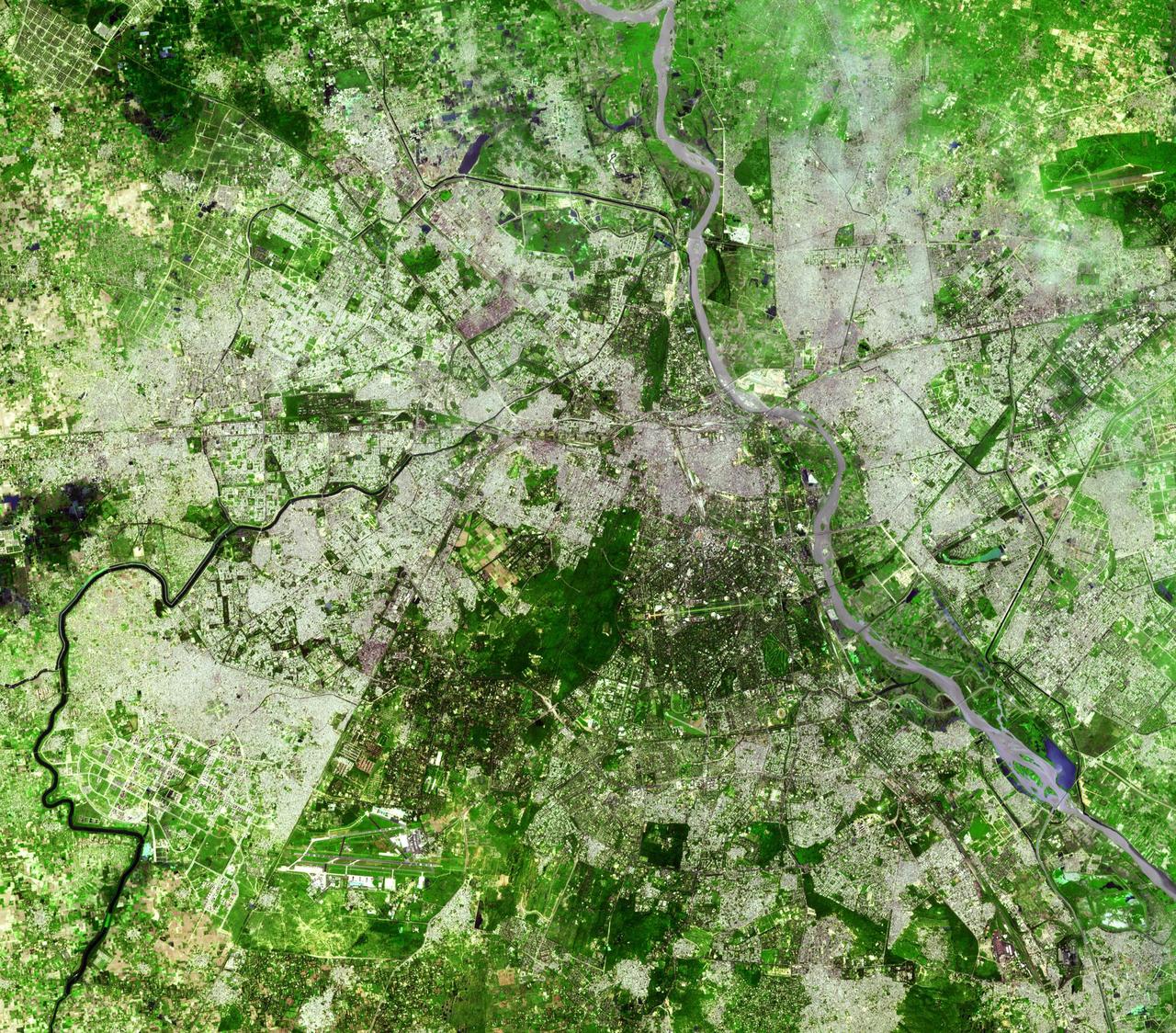 Delhi is the second largest metropolis in India, with a population of 16 million and is located in northern India along the banks of the Yamuna River. This image was acquired by NASA Terra satellite on September 22, 2003.