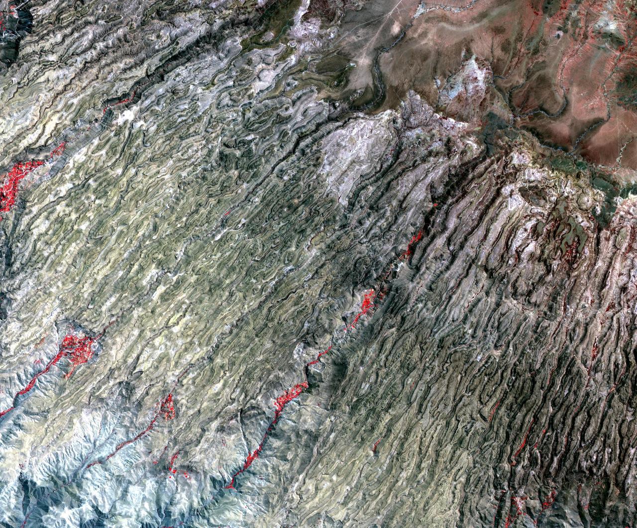 Along the western flank of the Andes, 400 km SE of Lima Peru, erosion has carved the mountain slopes into long, narrow serpentine ridges. NASA Terra satellite captured this image on September 28, 2004.