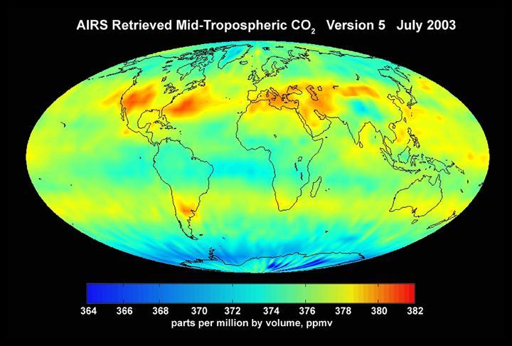 AIRS mid-tropospheric CO2, Version 5, July 2003 from the Atmospheric Infrared Sounder AIRS on NASA Aqua satellite.