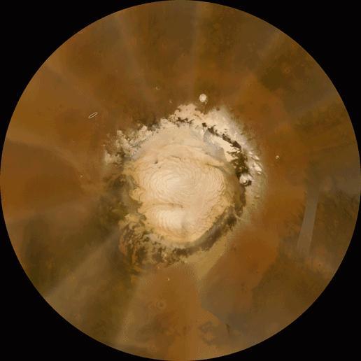 This false-color polar map was generated from images obtained by the Mars Reconnaissance Orbiter Mars Color Imager MARCI. It shows a large local dust storm that researchers were monitoring on May 25, 2008. 