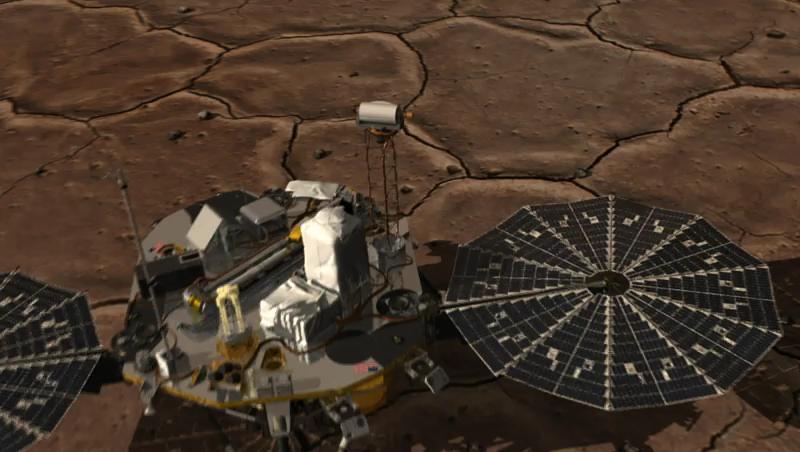 This image shows how NASA three-legged Phoenix Mars Lander is able to get a better look at its footing and the physical characteristics of the underlying soil on the surface of the Red Planet.