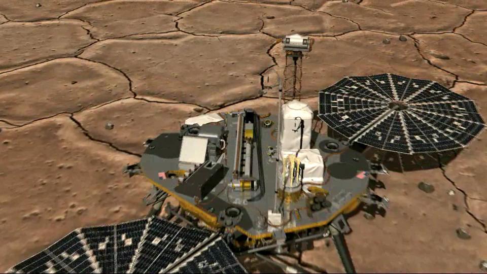 This artist image of an imaginary camera zooming in from above shows the location of the Robotic Arm Camera on NASA Phoenix Mars Lander as it acquires an image of the scoop at the end of the arm