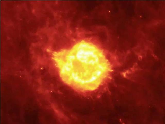 A seething cauldron of light appears to bubble and ooze around the remains of a giant star that astronomers have been watching tear itself apart for the last 300 years. Different observations taken over three years by NASA Spitzer Space Telescope. 