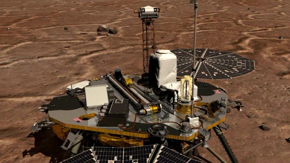 This image from NASA Phoenix Mars Lander of the Canadian-built meteorological station lidar, which was successfully activated on Sol 2 by first opening its dust cover, then emitting rapid pulses of light.