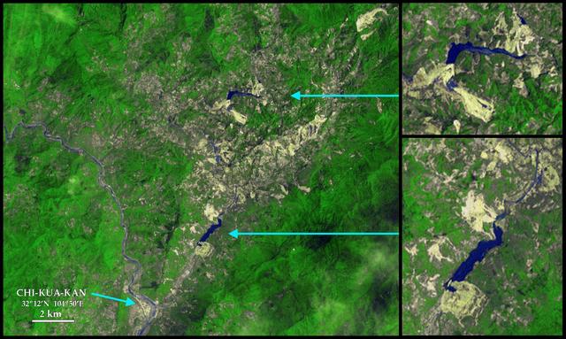 This image acquired by NASA Terra satellite May 12, 2008, shows faults within the mountains, but near and almost parallel the mountain front, northwest of the city of Chengdu.