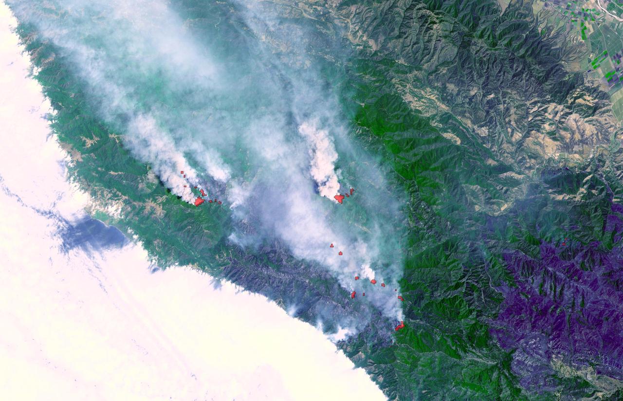 Fires near Big Sur, Calif., continued to burn unchecked when the Advanced Spaceborne Thermal Emission and Reflection Radiometer ASTER instrument on NASA Terra satellite captured this image on Sunday, June 29, 2008.