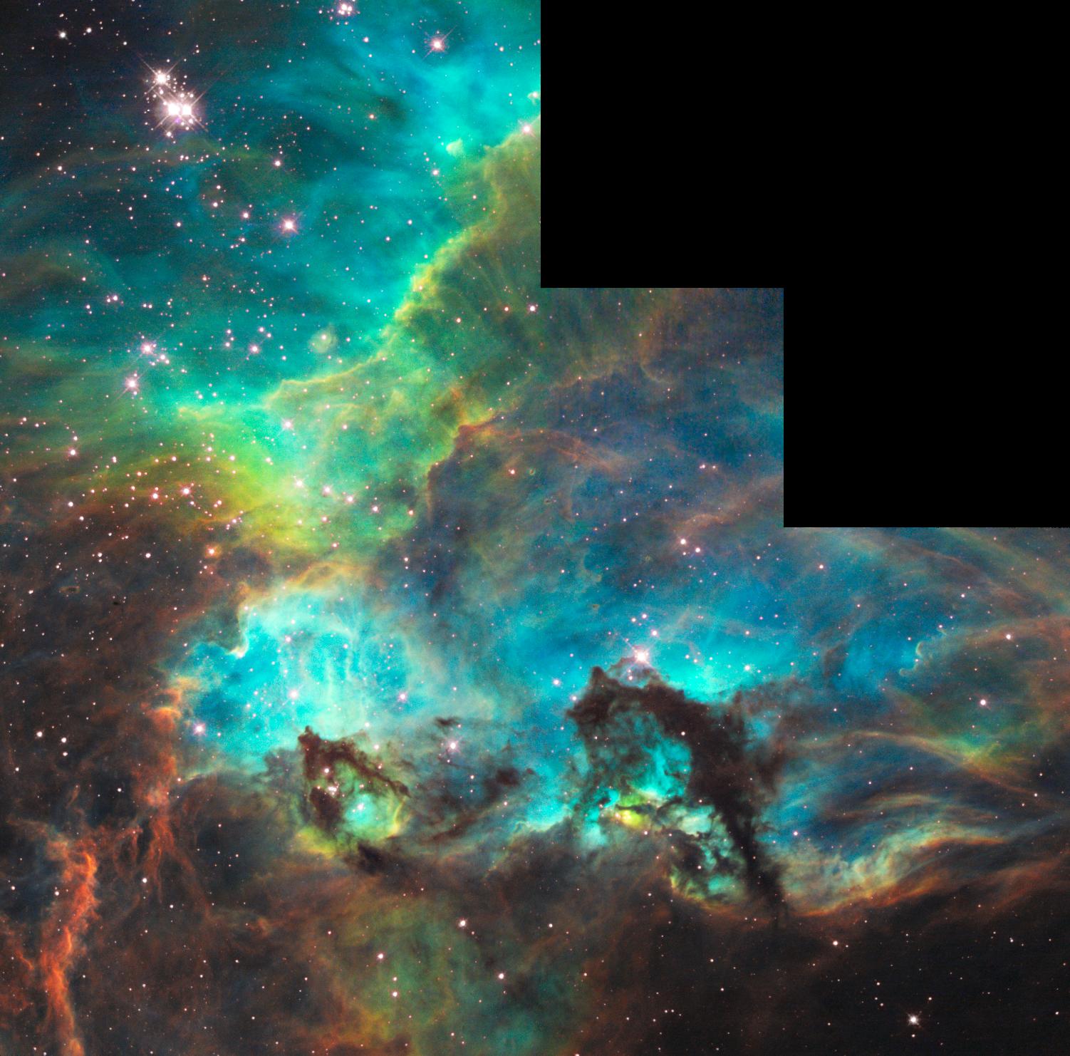 NASA Hubble peers into a small portion of the nebula near the star cluster NGC 2074. The region is a firestorm of raw stellar creation, perhaps triggered by a nearby supernova explosion. It lies about 170,000 light-years away near the Tarantula
