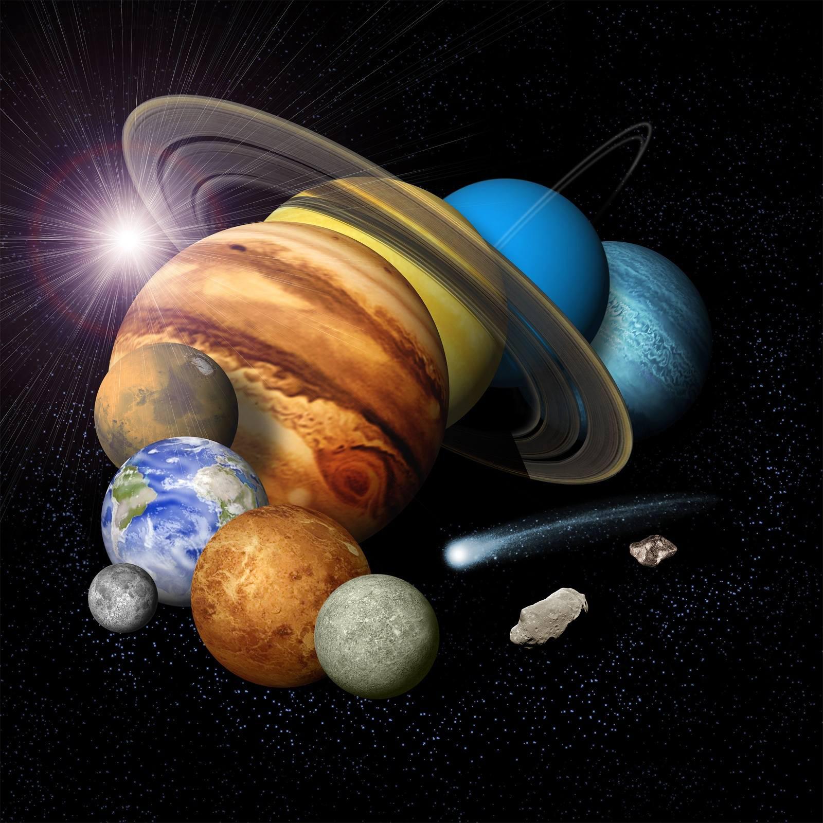 This is an artist conception of a solar-system montage of the eight planets, a comet and an asteroid.