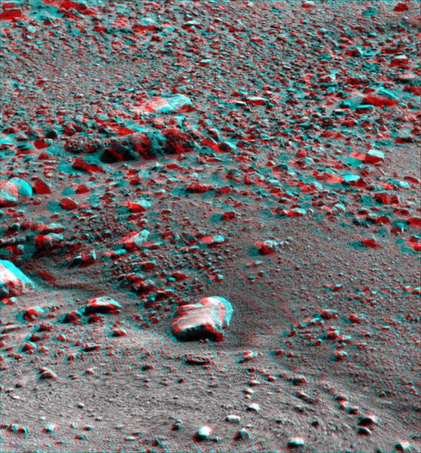 This anaglyph, acquired by NASA Phoenix Lander on Jun. 26, 2008, shows a stereoscopic 3D view of the Martian surface near the lander. 3D glasses are necessary to view this image.