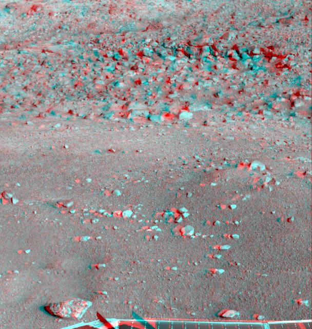 This anaglyph, acquired by NASA Phoenix Lander on Jun. 23, 2008, shows a stereoscopic 3D view of the Martian surface near the lander. 3D glasses are necessary to view this image.